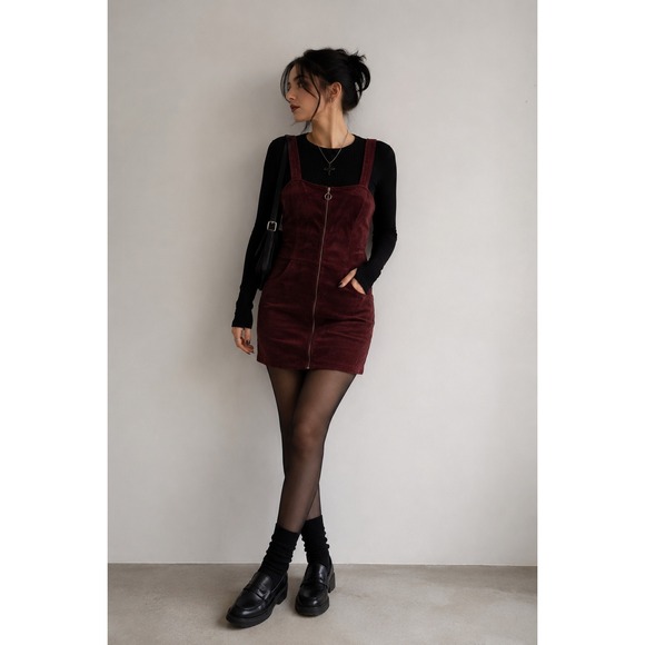 Heart Hips Dresses & Skirts - Heart Hips Burgundy Corduroy Zip Front Pinafore Dress Small Y2K Grunge Academia